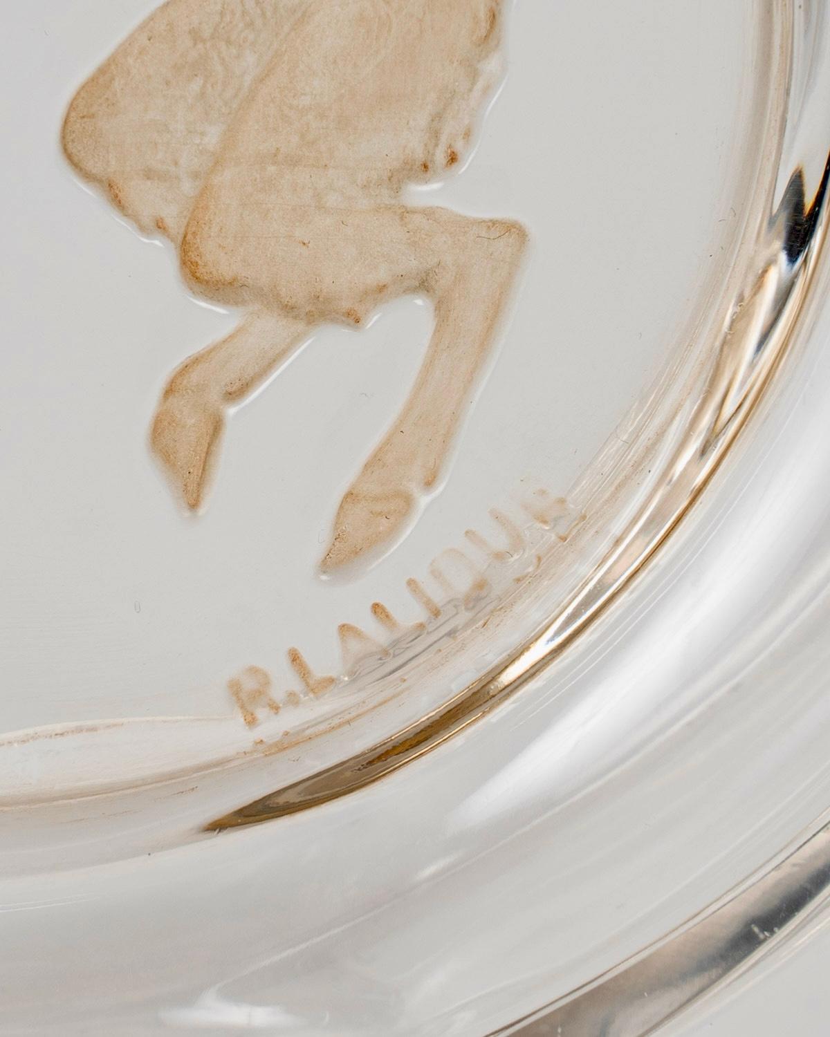 French 1928 Rene Lalique Baiser du Faune Perfume Bottle Glass Sepia Patina for Molinard