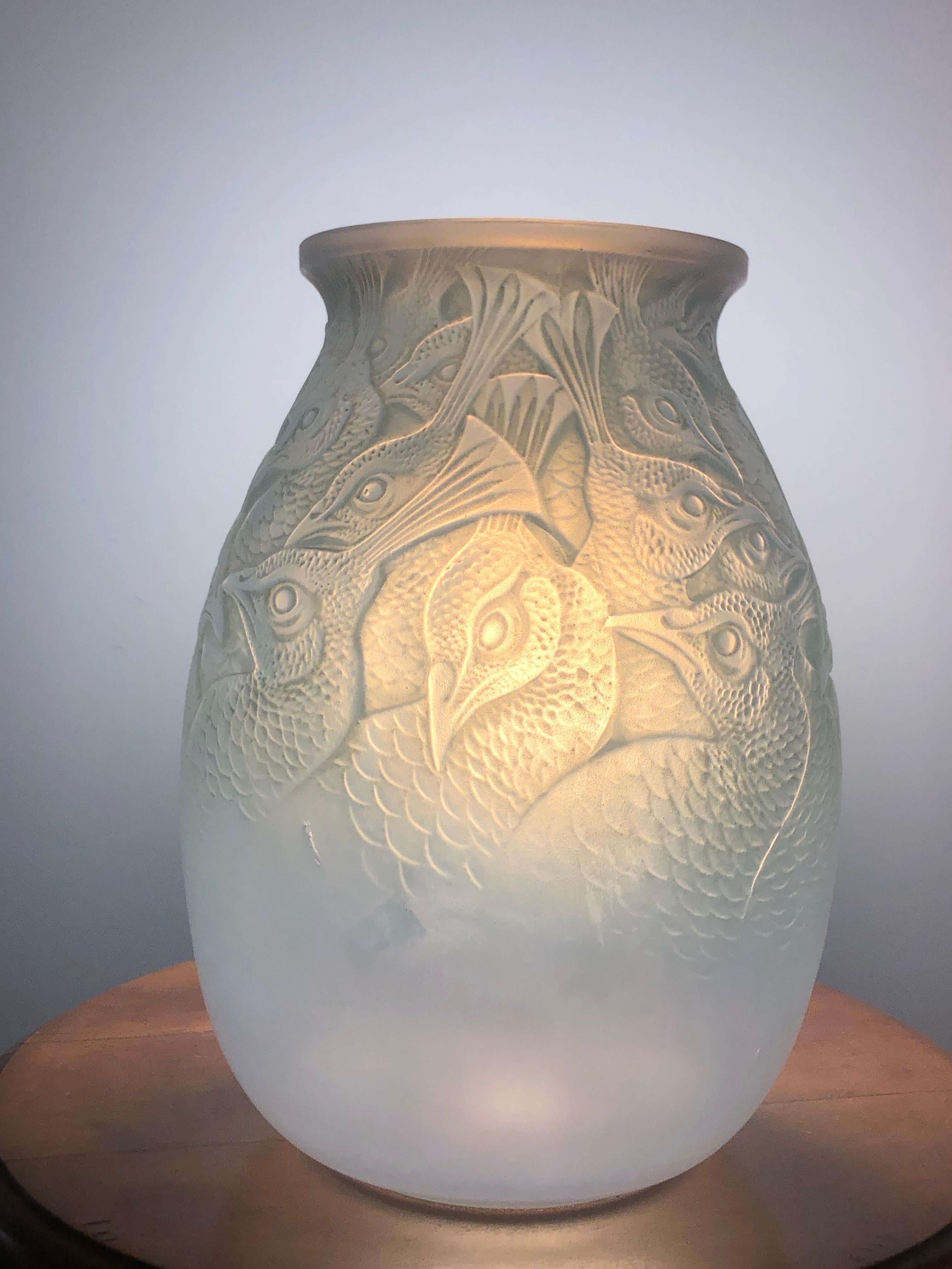 French 1928 Rene Lalique Borromee Vase in Double Cased Opalescent Glass Stain Peacocks