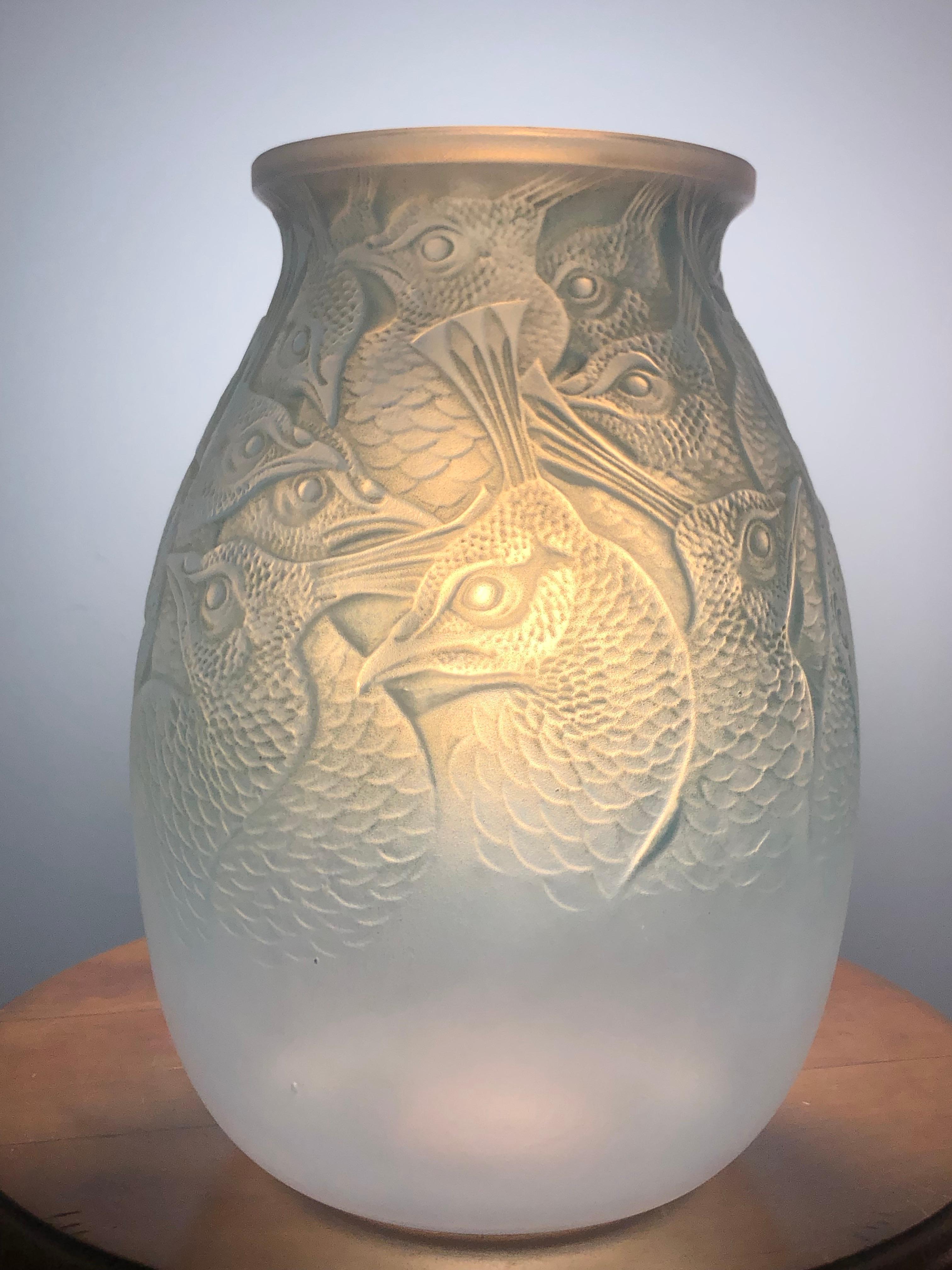Molded 1928 Rene Lalique Borromee Vase in Double Cased Opalescent Glass Stain Peacocks