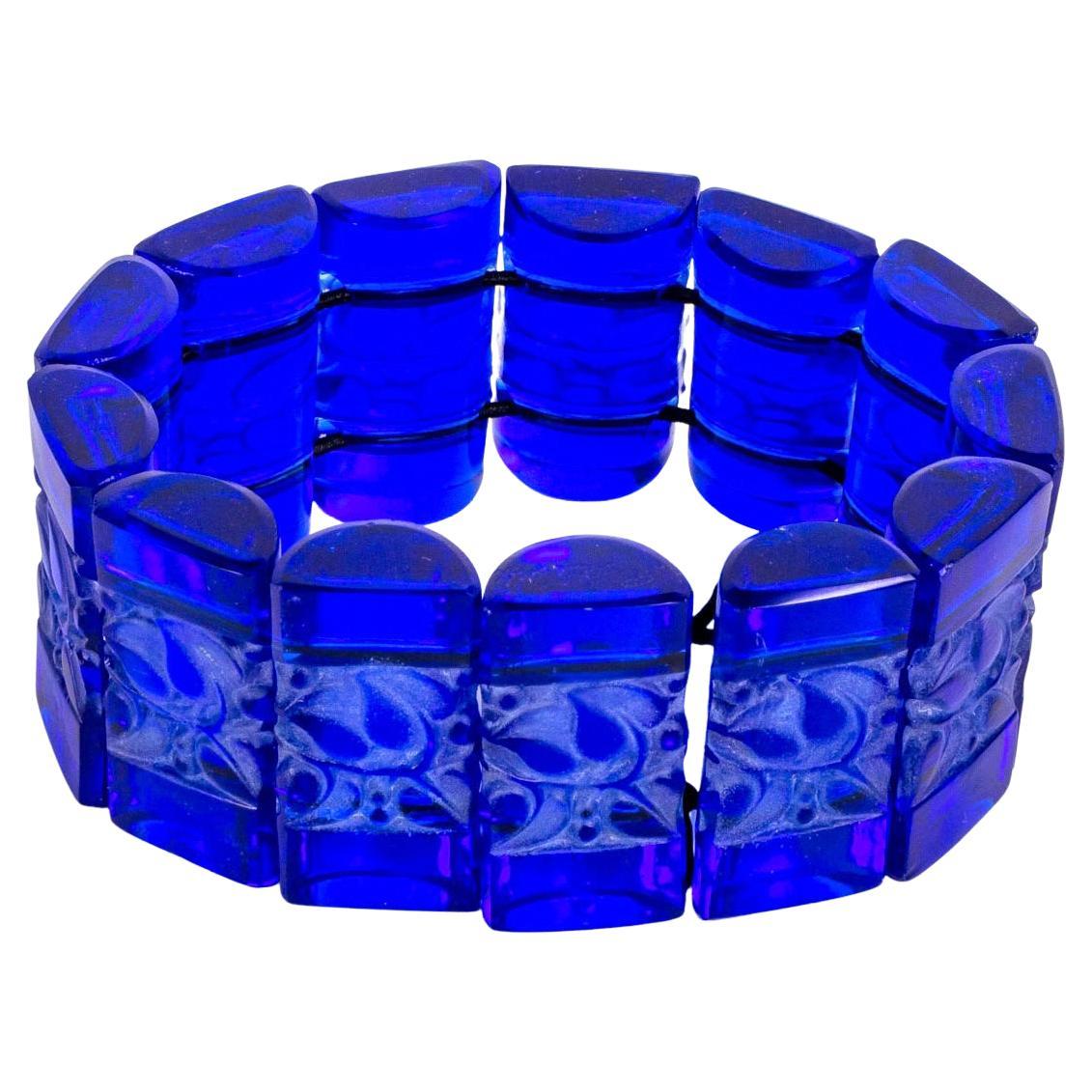 1928 René Lalique Cerisier Bracelet Cobalt Blue Glass White Patina, Leaves