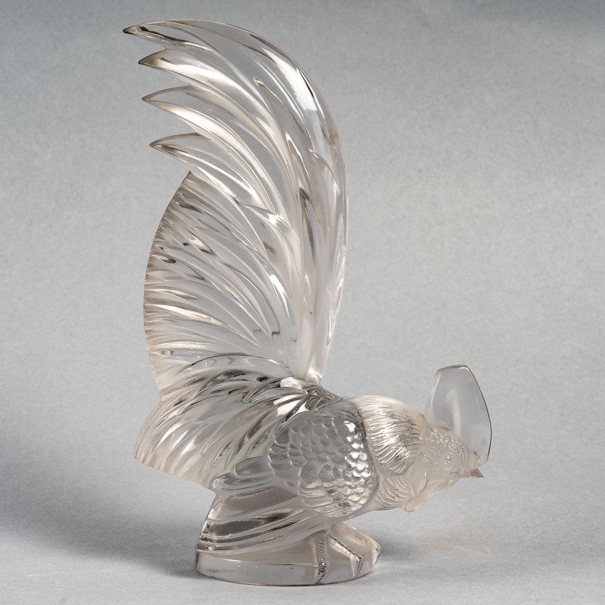 Art Deco 1928 René Lalique Coq Nain Car Mascot Hood Ornament Clear Glass, Rooster
