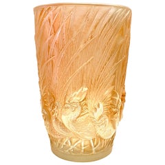 1928 Rene Lalique Coqs et Plumes Vase in Frosted Glass with Sepia Patina