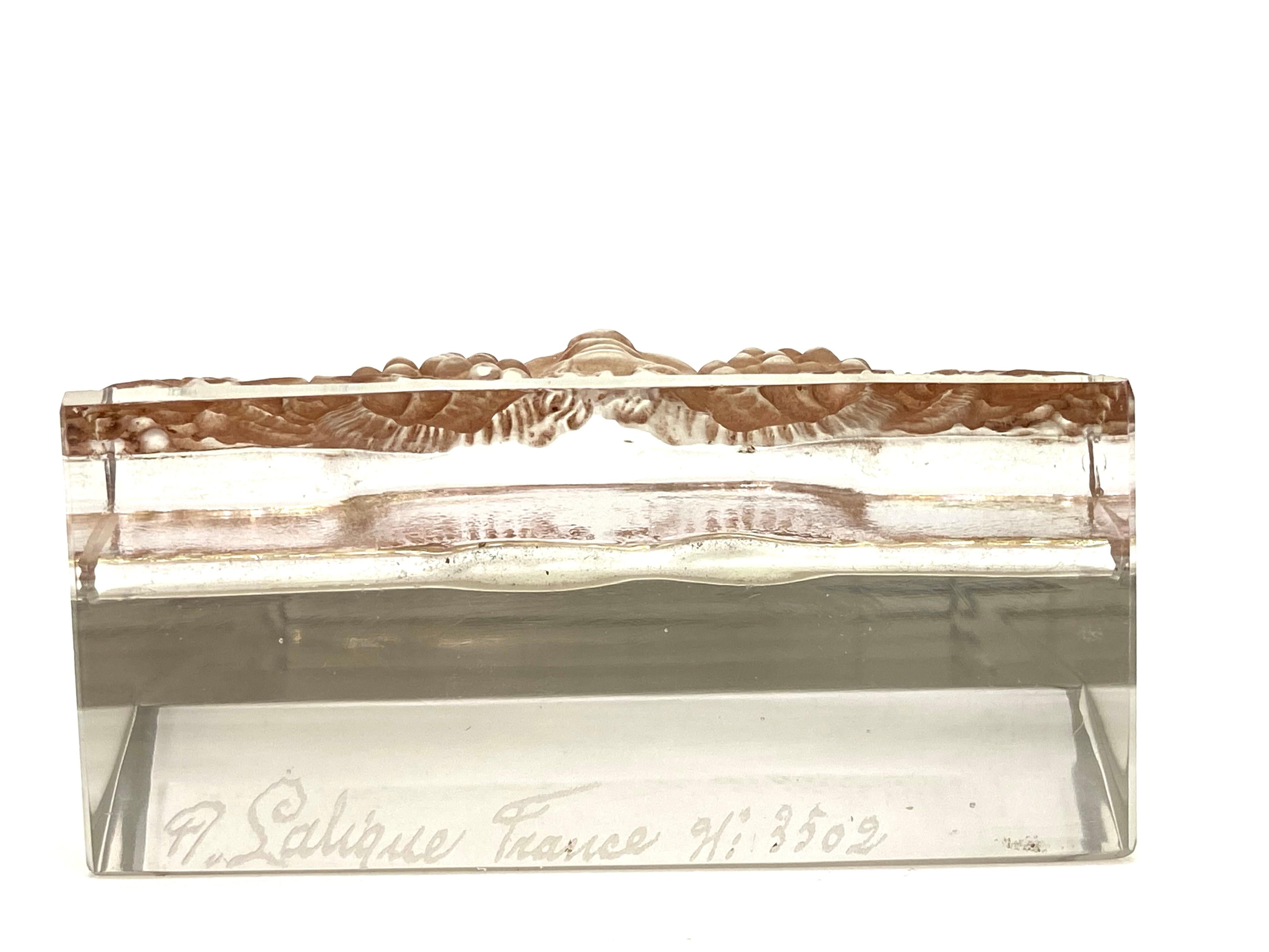 Molded 1928 René Lalique Faune Menu Holder Clear Glass with Sepia Patina