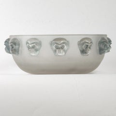 1928 René Lalique Madagascar Coupe Bowl Frosted Glass with Blue Patina, Monkeys