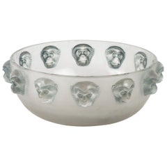 1928 René Lalique Madagascar Coupe Bowl Frosted Glass with Blue Patina, Monkeys