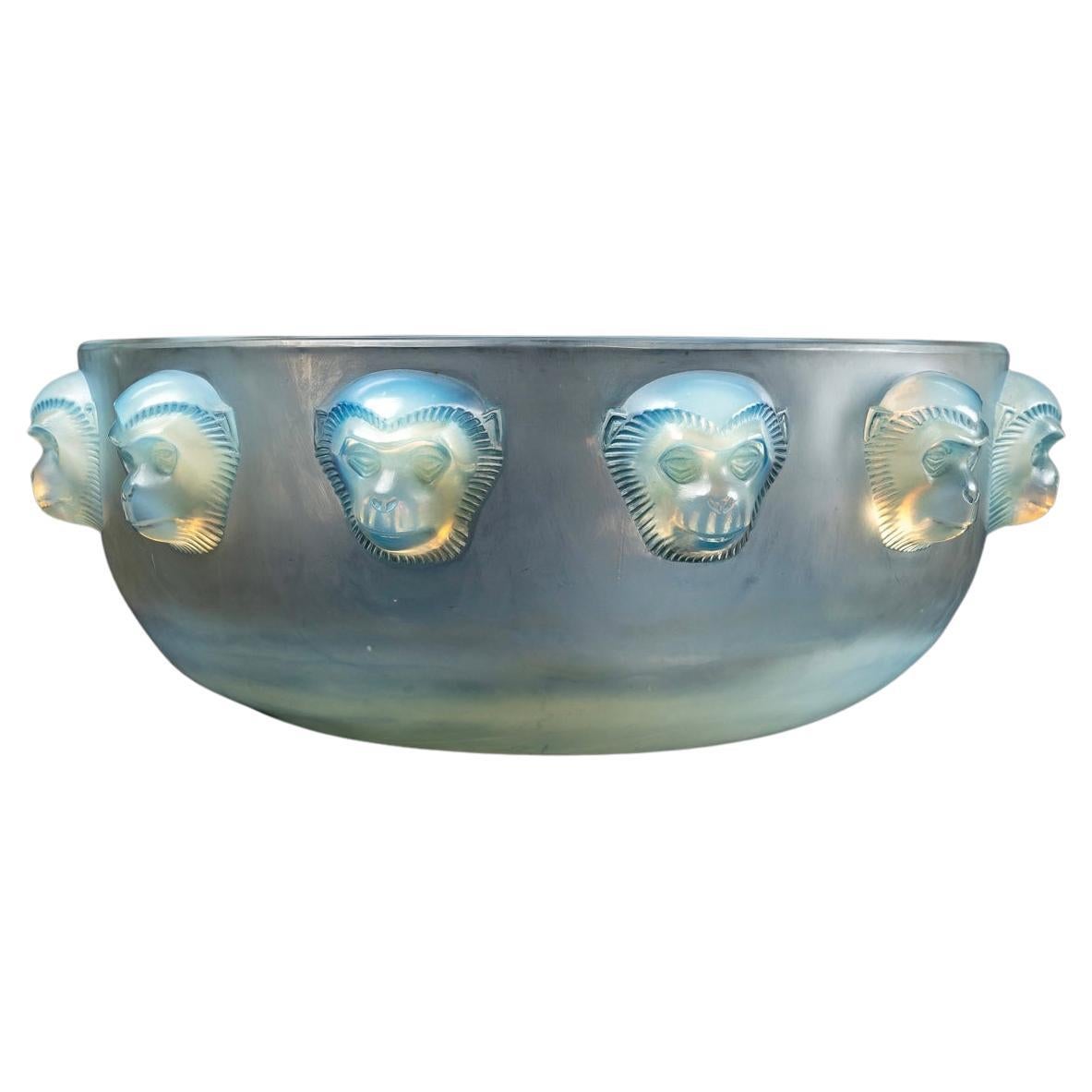 1928 René Lalique Madagascar Coupe Bowl Opalescent Glass, Monkeys