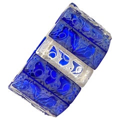 1928 René Lalique Mésanges Bracelet Clear and Cobalt Blue Glass White Patina