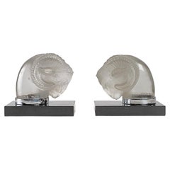 1928 René Lalique Pair of Bookends Car Mascots Tete de Belier Glass