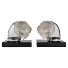 1928 René Lalique - Pair Of Bookends Car Mascots Tete De Belier Glass