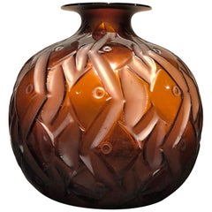 1928 René Lalique Penthievre Vase in Red Amber Glass with White Patina, Fishes