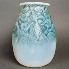 1928 René Lalique - Vase Borromee Peacock Cased Opalescent Glass & Blue Patina