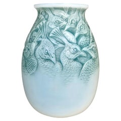 1928 René Lalique - Vase Borromee Peacock Cased Opalescent Glass & Blue Patina