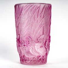 1928 Rene Lalique Vase Coqs et Plumes Frosted Glass with Pink Purple Patina