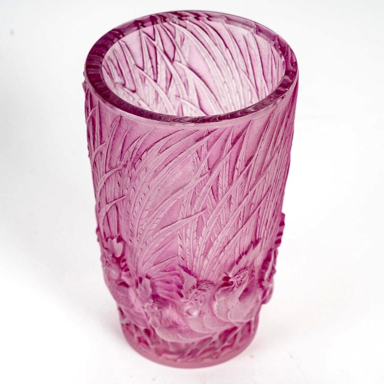 1928 Rene Lalique Vase Coqs et Plumes Frosted Glass with Pink Purple