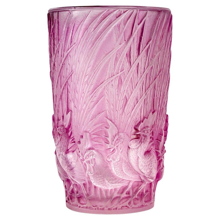 1928 Rene Lalique Vase Coqs et Plumes Frosted Glass with Pink Purple