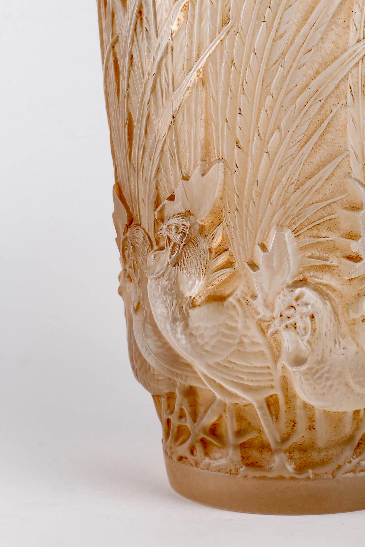 Molded 1928 Rene Lalique Vase Coqs et Plumes Glass Sepia Patina For Sale