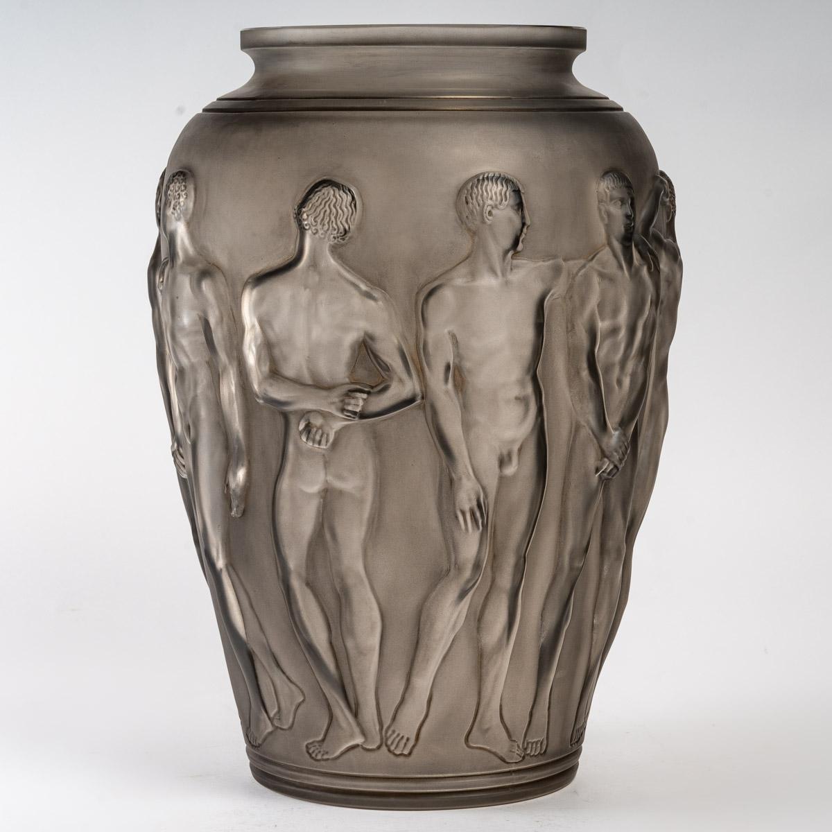 Art Deco 1928 René Lalique, Vase Palestre Frosted Glass with Grey Patina, Nude Men
