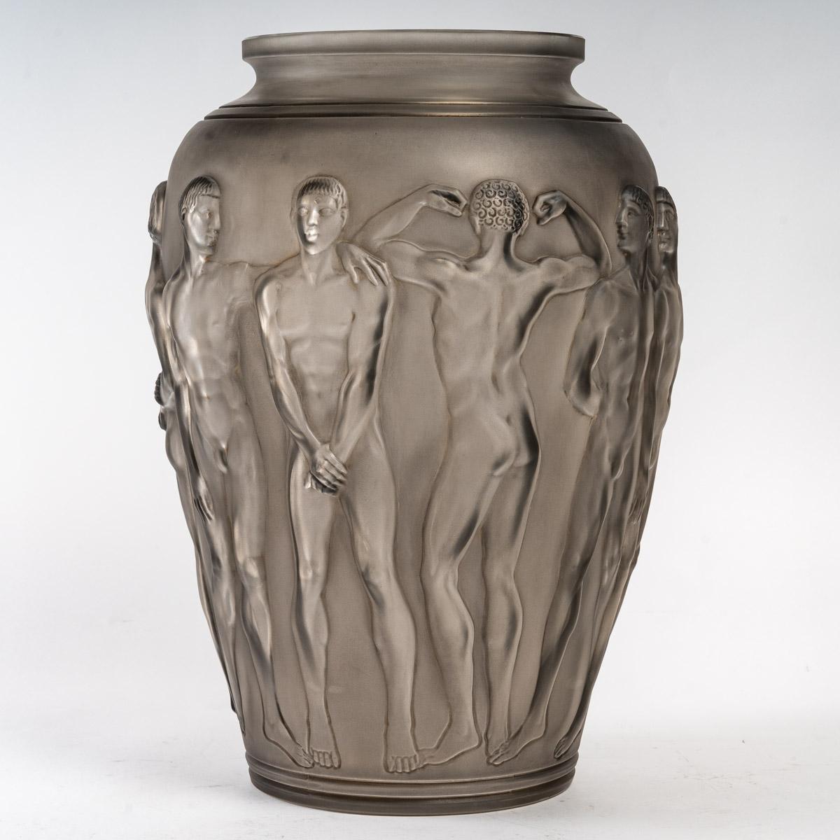 Molded 1928 René Lalique, Vase Palestre Frosted Glass with Grey Patina, Nude Men