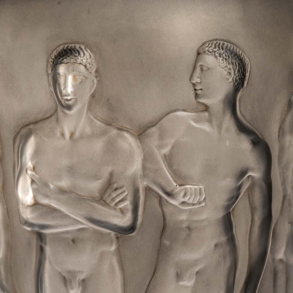 1928 René Lalique, Vase Palestre Frosted Glass with Grey Patina, Nude Men In Good Condition In Boulogne Billancourt, FR