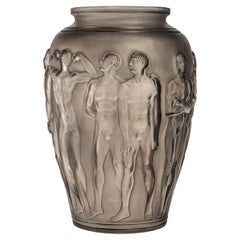 1928 René Lalique, Vase Palestre Frosted Glass with Grey Patina, Nude Men