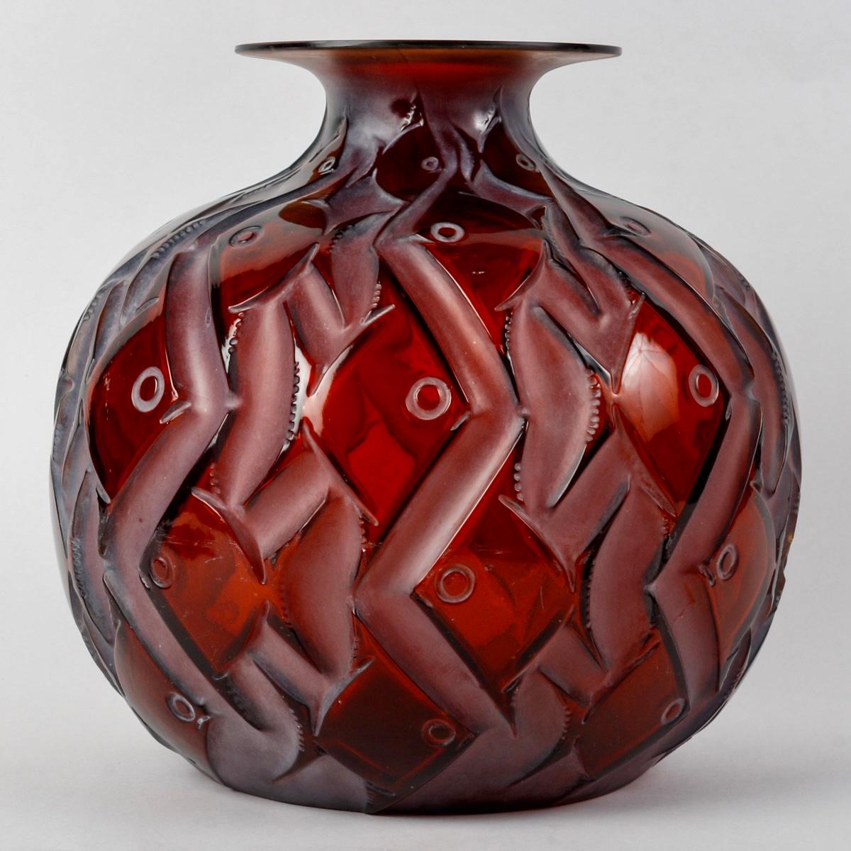 French 1928 Rene Lalique - Vase Penthievre Red Amber Glass with White Patina