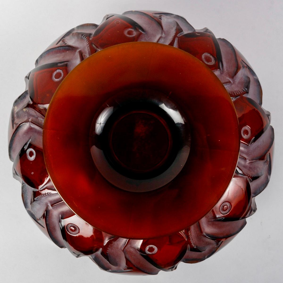 Molded 1928 Rene Lalique - Vase Penthievre Red Amber Glass with White Patina