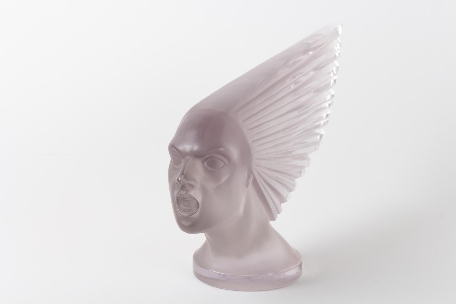 French 1928 René Lalique Victoire Car Mascot Hood Ornament in Light Amethyst Glass