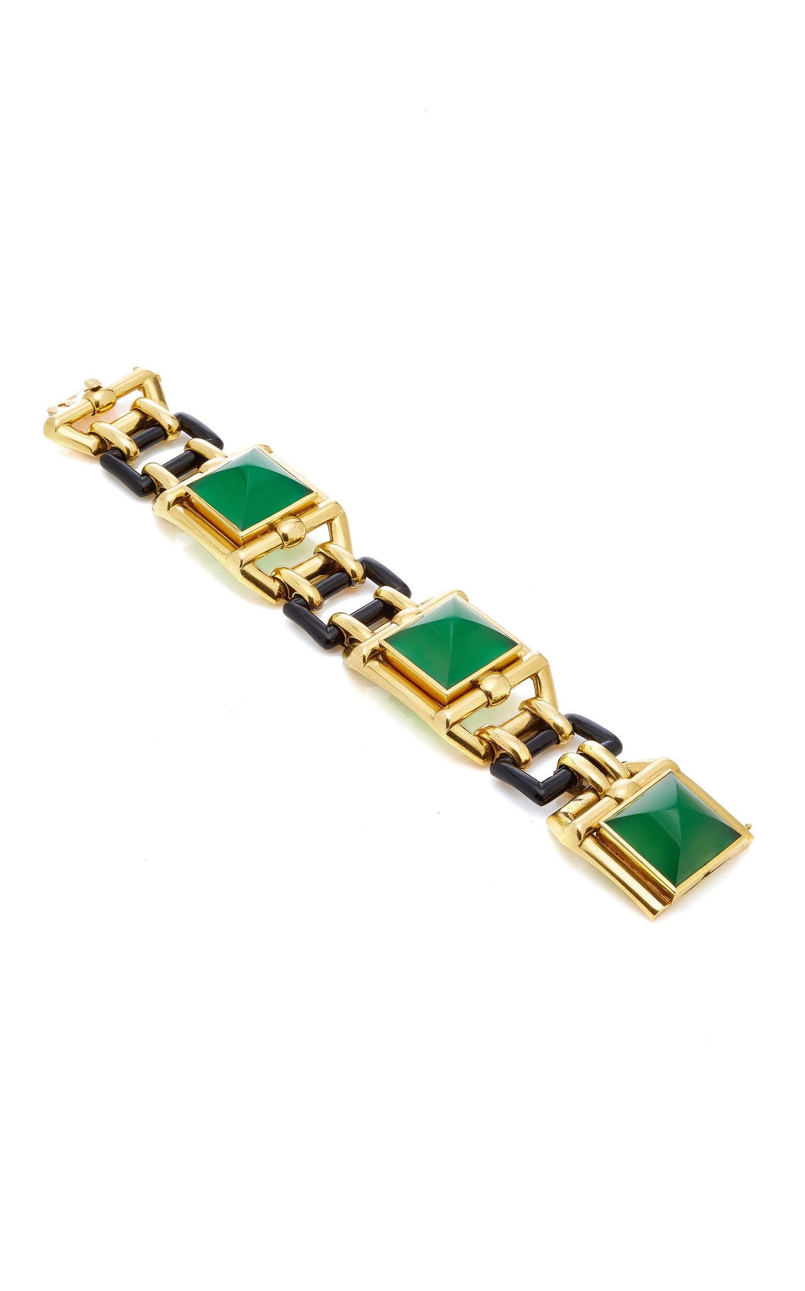 1928 Walser Wald Art Deco Chrysophrase Onyx Gold Bracelet In Excellent Condition In New York, NY
