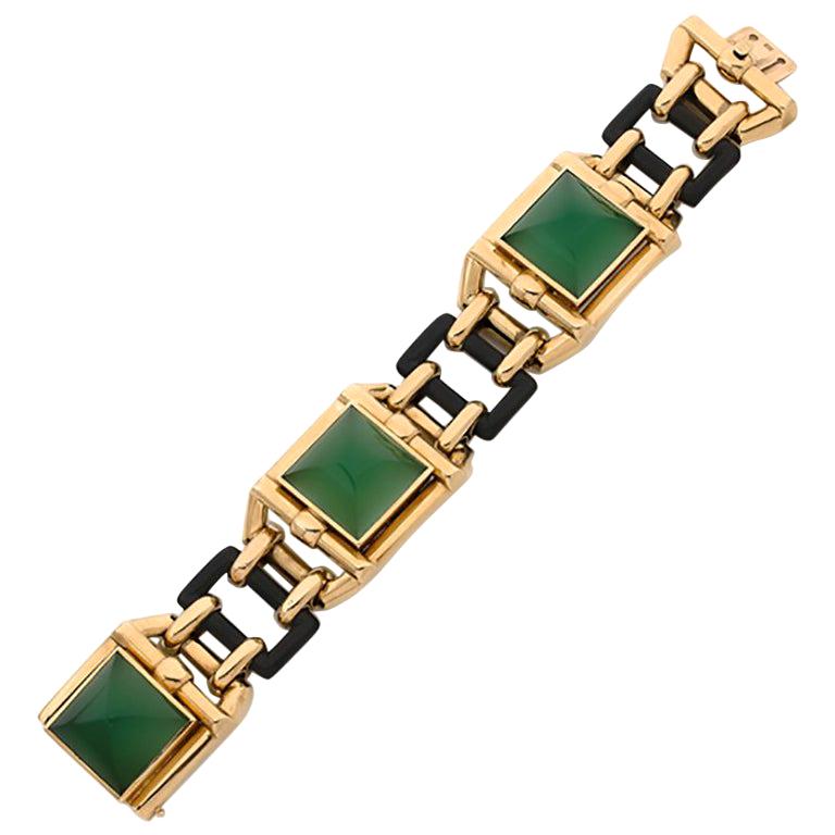 1928 Walser Wald Art Deco Chrysophrase Onyx Gold Bracelet