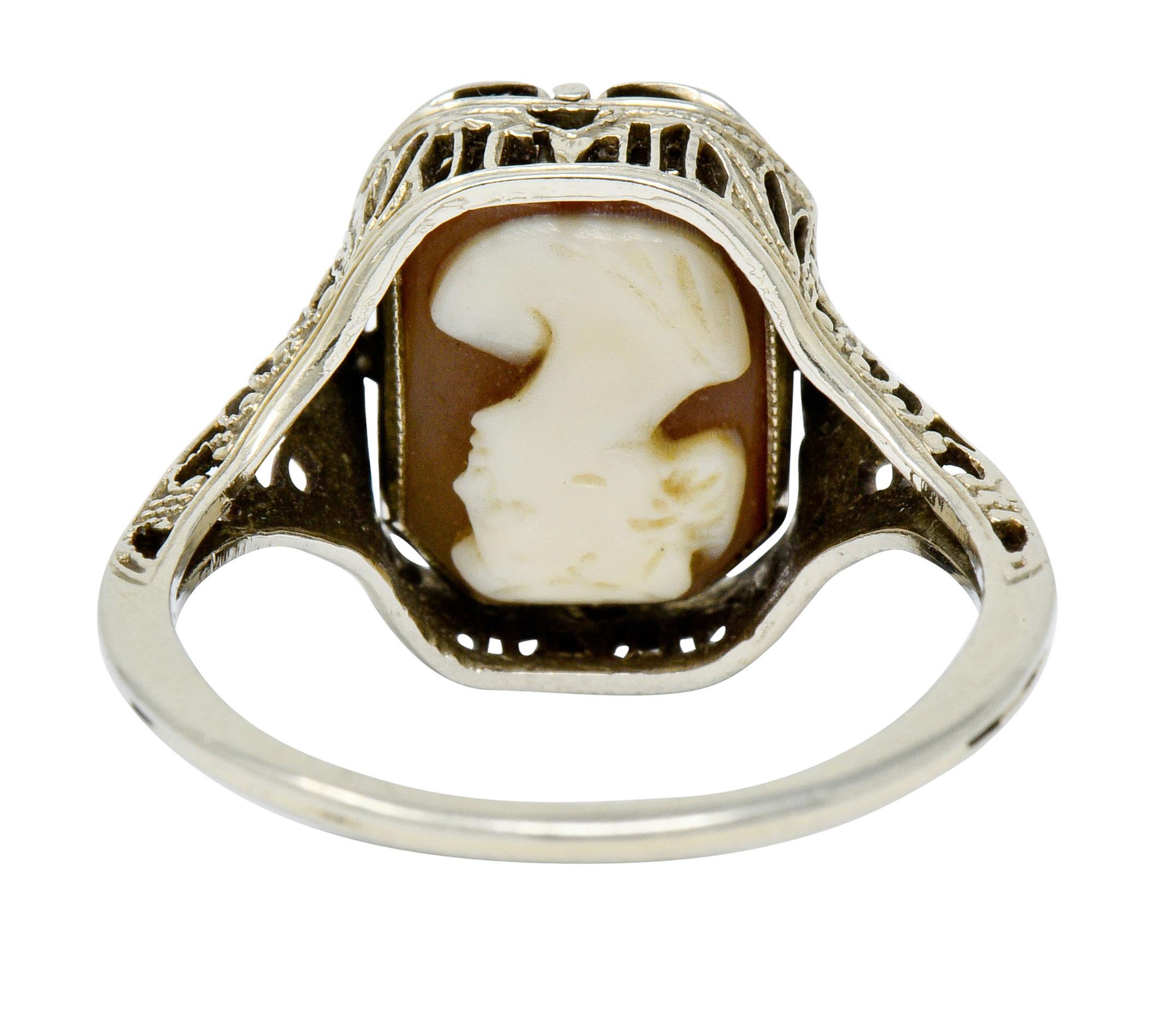 Square Cut 1929 Art Deco Carved Hardstone Onyx Platinum 18 Karat White Gold Cameo Flip Ring