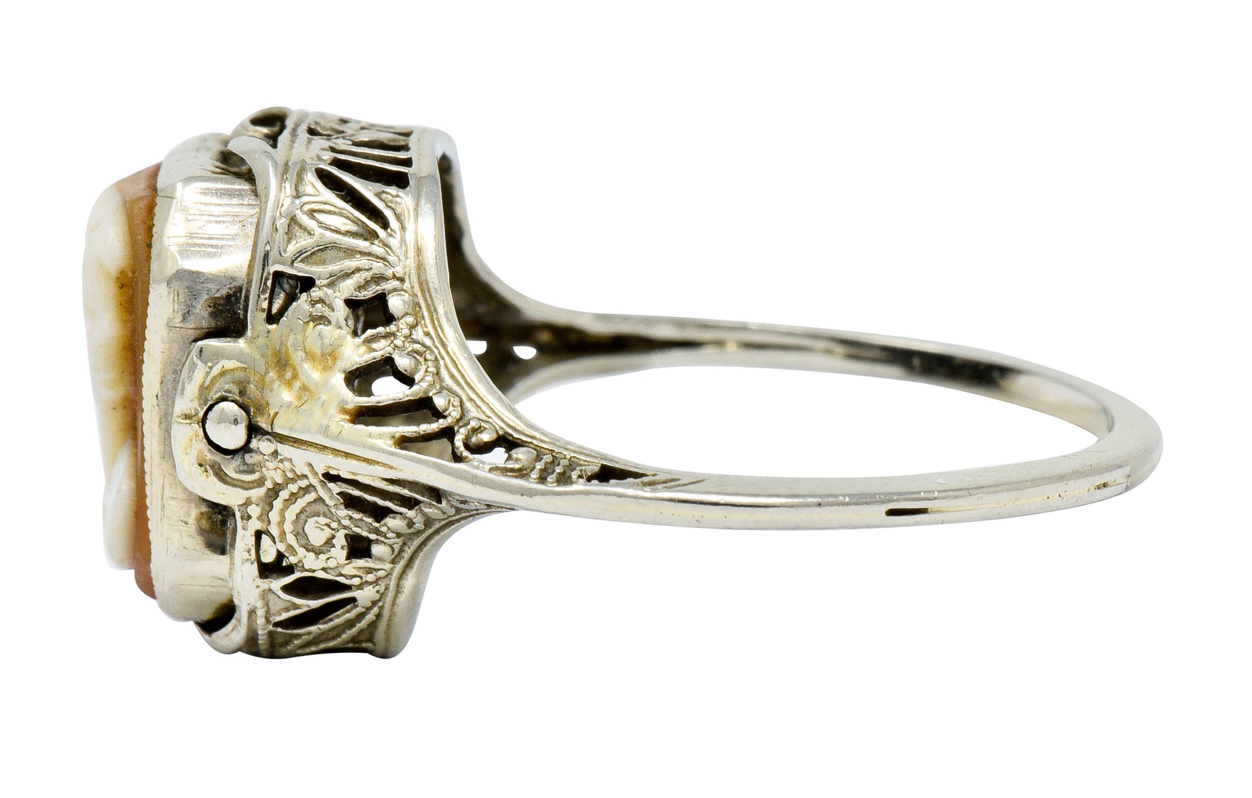 Women's or Men's 1929 Art Deco Carved Hardstone Onyx Platinum 18 Karat White Gold Cameo Flip Ring