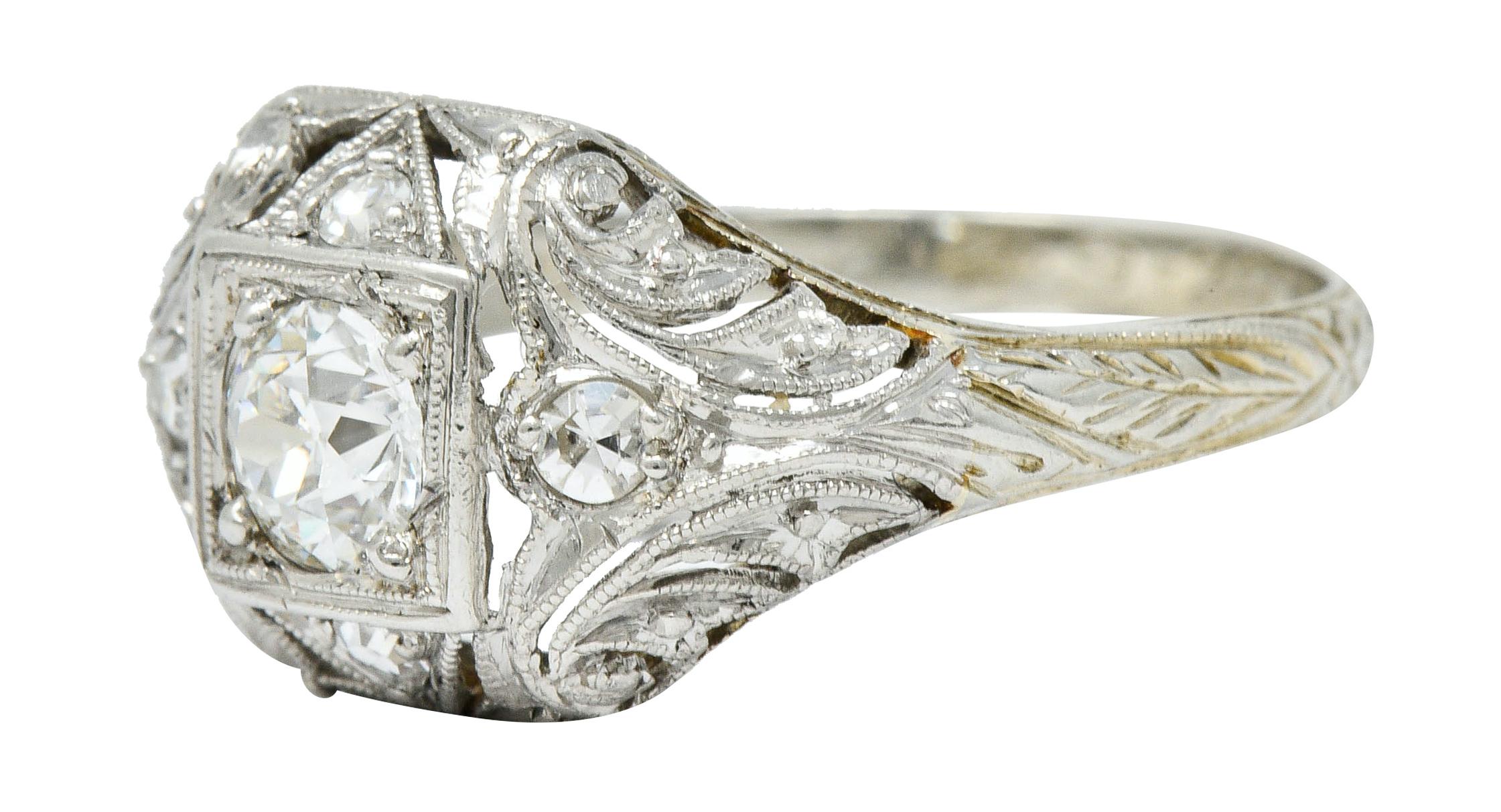 1929 Art Deco Diamond Platinum-Topped 18 Karat White Gold Engagement Ring 1