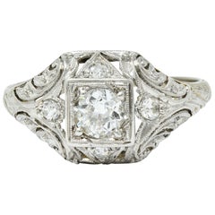 Antique 1929 Art Deco Diamond Platinum-Topped 18 Karat White Gold Engagement Ring