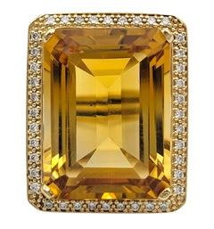 19.29 Carat Emerald Cut Citrine and Diamond Halo Cocktail Ring in 14 Karat Gold