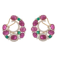 19.29 Carats Ruby Zambian Emerald and Diamond 18kt Gold Wrap Around Earrings