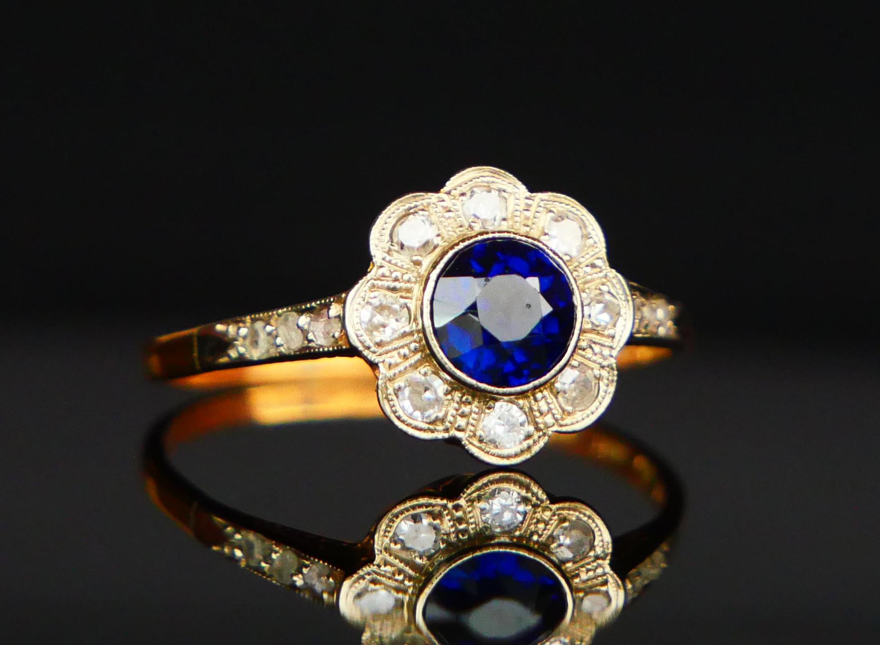 1929 Halo Ring Sapphire Diamonds solid 18K Gold ØUS6.5 / 1.85 gr For Sale 5