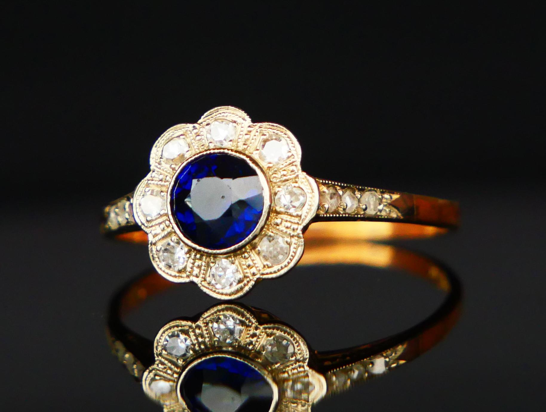 1929 Halo Ring Sapphire Diamonds solid 18K Gold ØUS6.5 / 1.85 gr For Sale 6