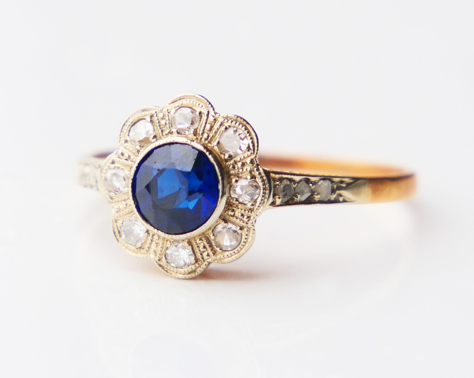 Art Deco 1929 Halo Ring Sapphire Diamonds solid 18K Gold ØUS6.5 / 1.85 gr For Sale