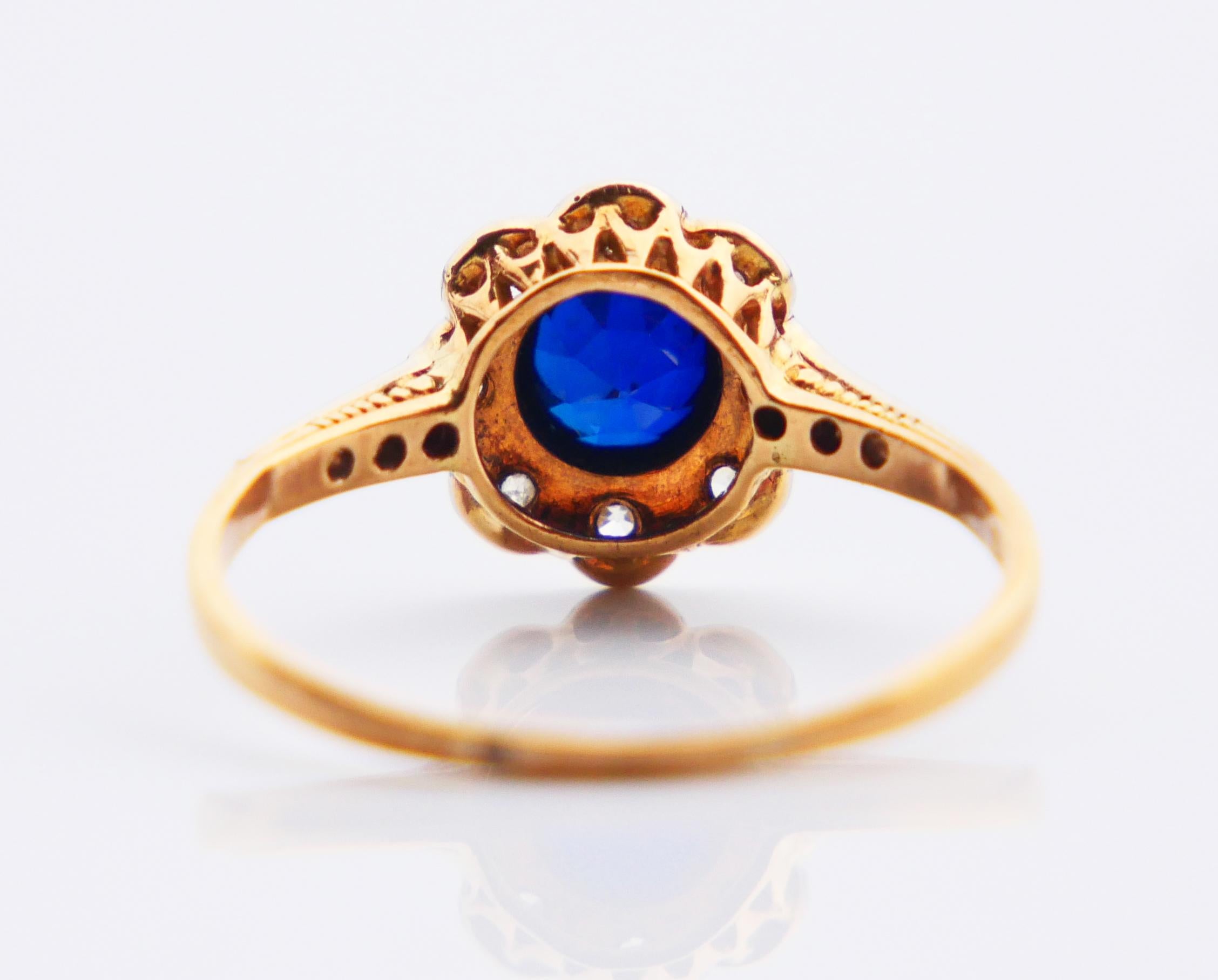 Old European Cut 1929 Halo Ring Sapphire Diamonds solid 18K Gold ØUS6.5 / 1.85 gr For Sale