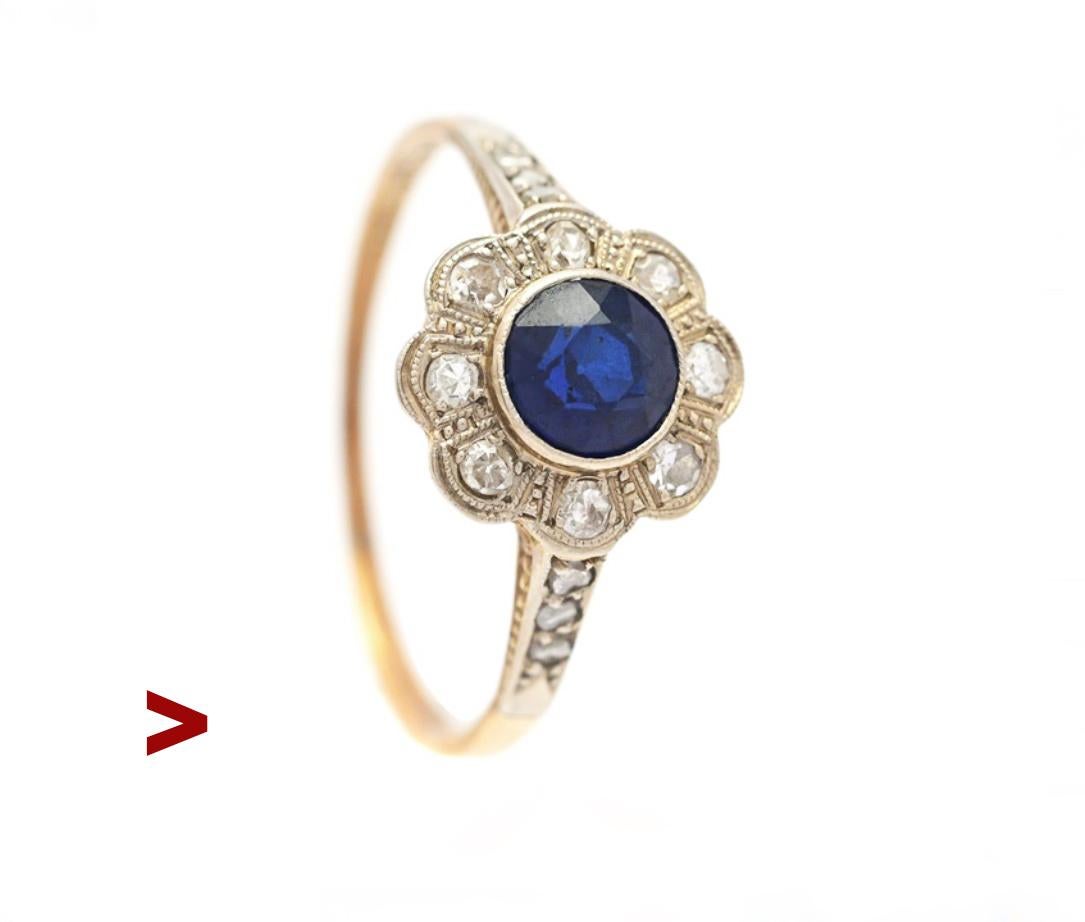 1929 Halo Ring Sapphire Diamonds solid 18K Gold ØUS6.5 / 1.85 gr For Sale 1