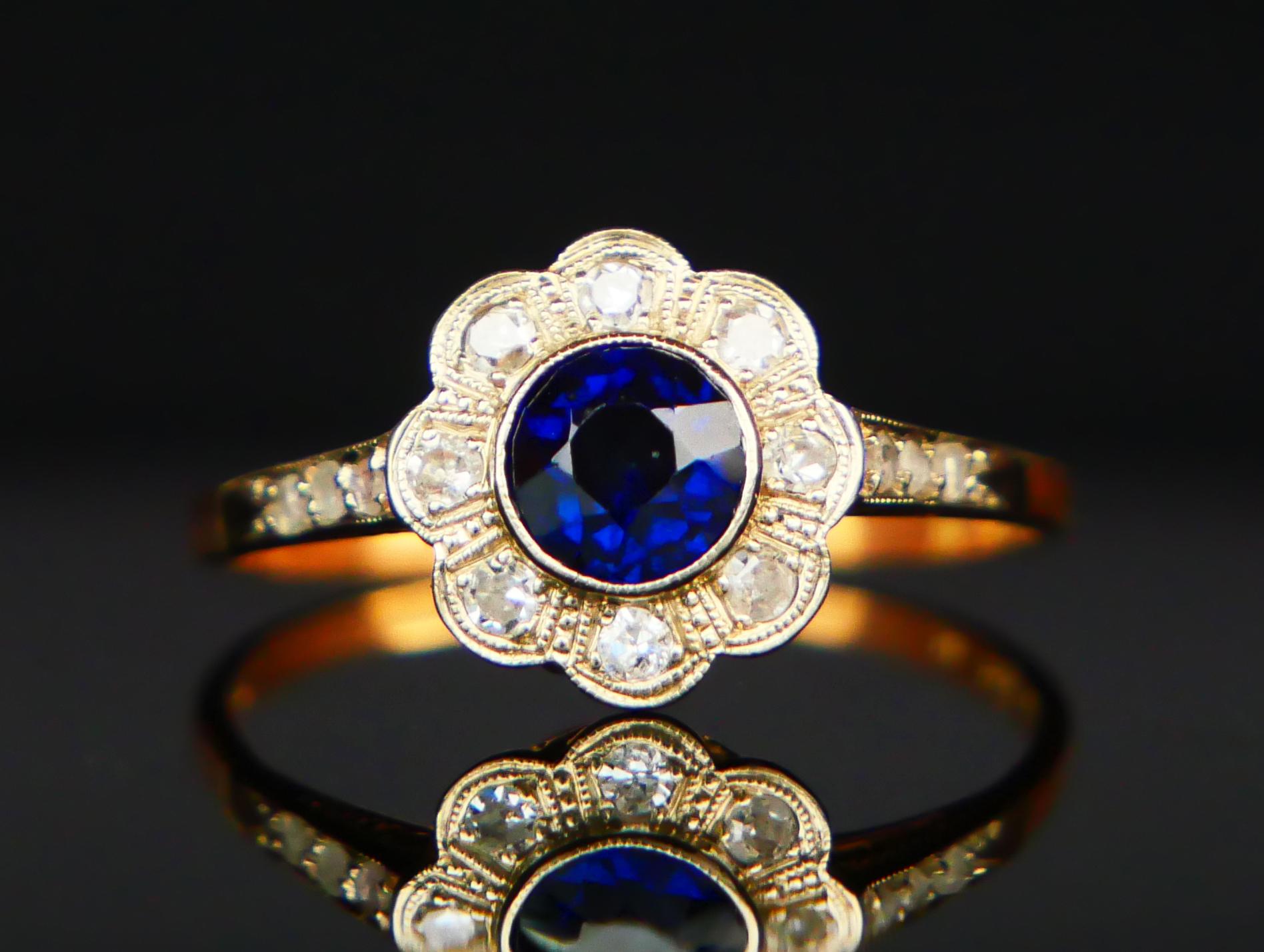 1929 Halo Ring Sapphire Diamonds solid 18K Gold ØUS6.5 / 1.85 gr For Sale 4