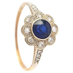 1929 Halo Ring Sapphire Diamonds solid 18K Gold ØUS6.5 / 1.85 gr