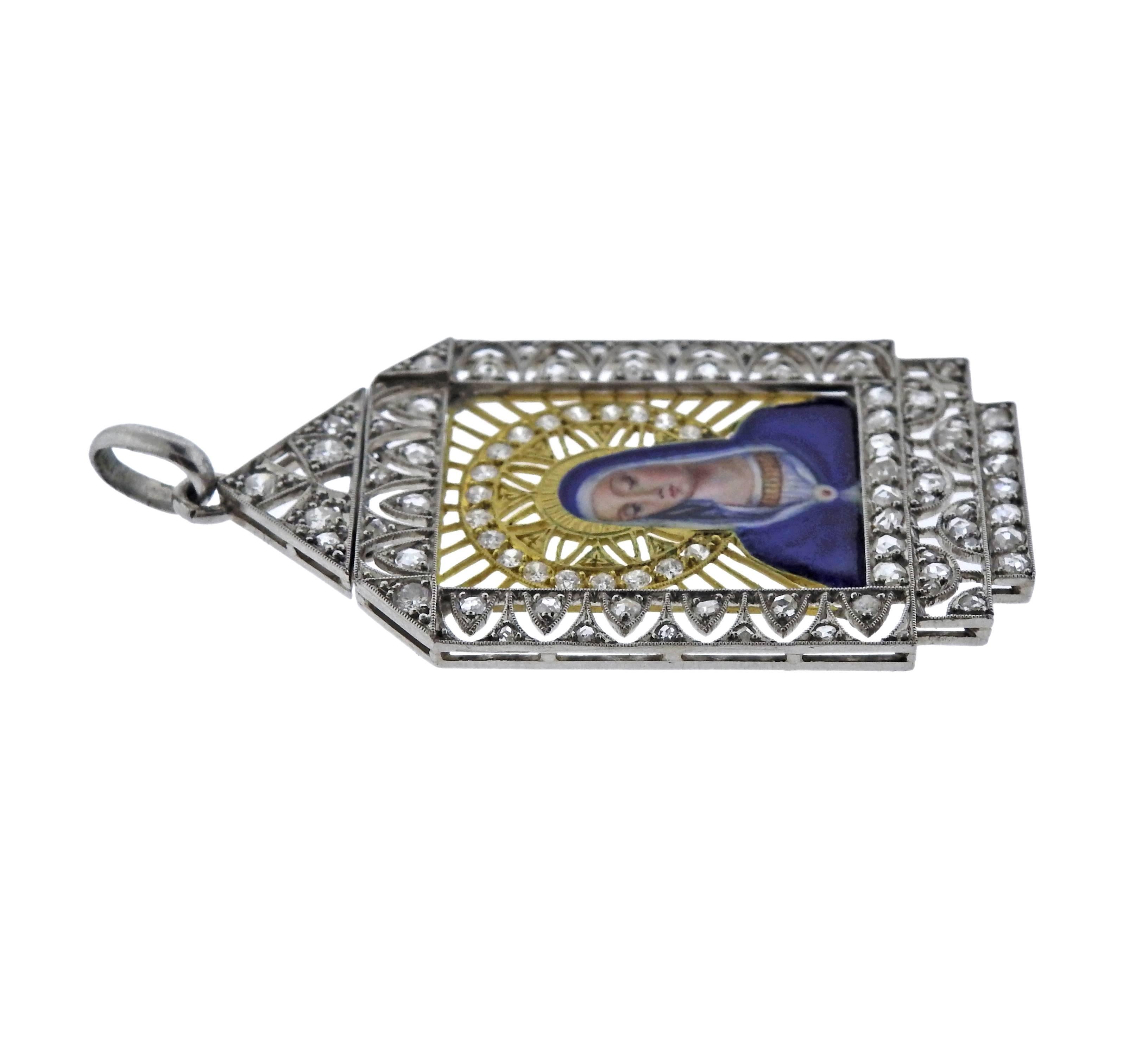 Rare and original Masriera Art Deco circa 1929 pendant, set in platinum and 18k gold, depicting Saint Mary, adorned with rose cut and round brilliant diamonds and enamel. Pendant is 50mm long x 25mm at widest point, weighs 7.6 grams. Marked: