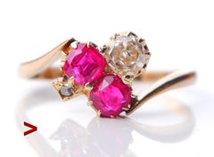 1929 Nordisches Kleeblatt Ring massiv 18K Gold 1ctw Rubin 0.5ct Diamant Ø 6US/ 2.8gr