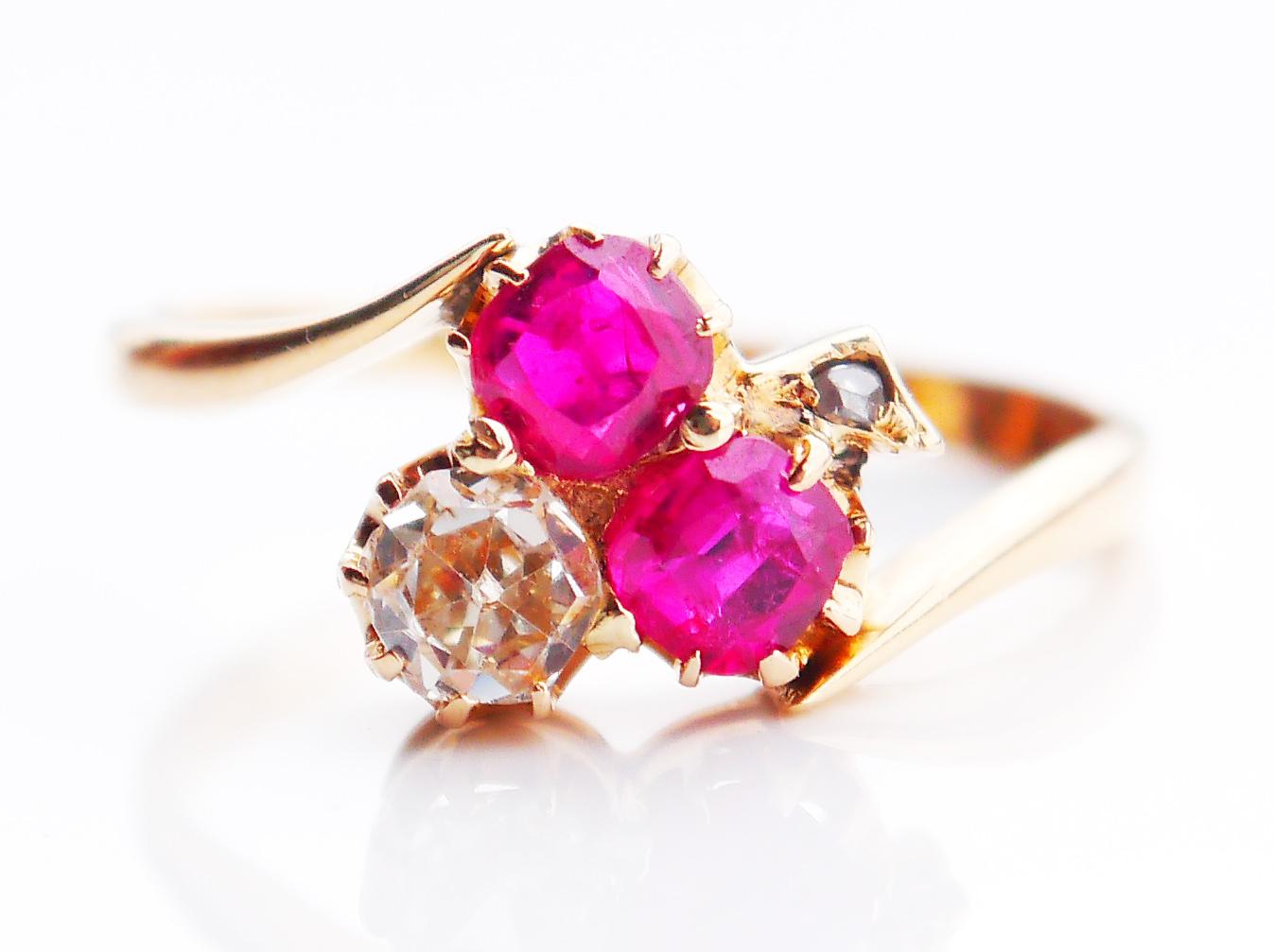 Art Deco 1929 Nordic Clover Ring solid 18K Gold 1ctw Ruby 0.5ct Diamond Ø 6US/ 2.8gr For Sale