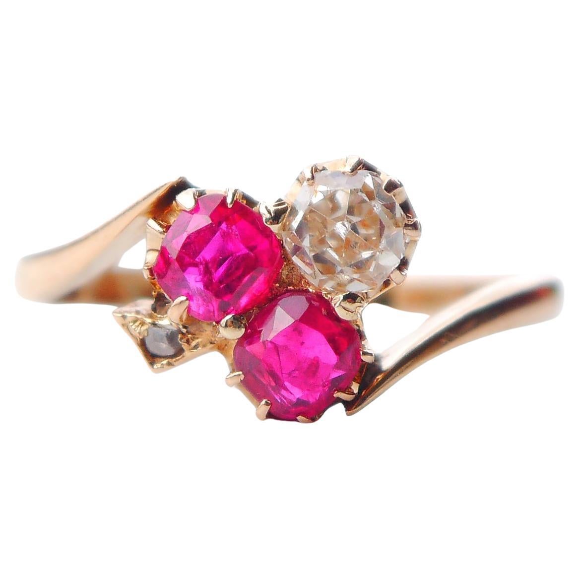 1929 Nordic Clover Ring solid 18K Gold 1ctw Ruby 0.5ct Diamond Ø 6US/ 2.8gr For Sale