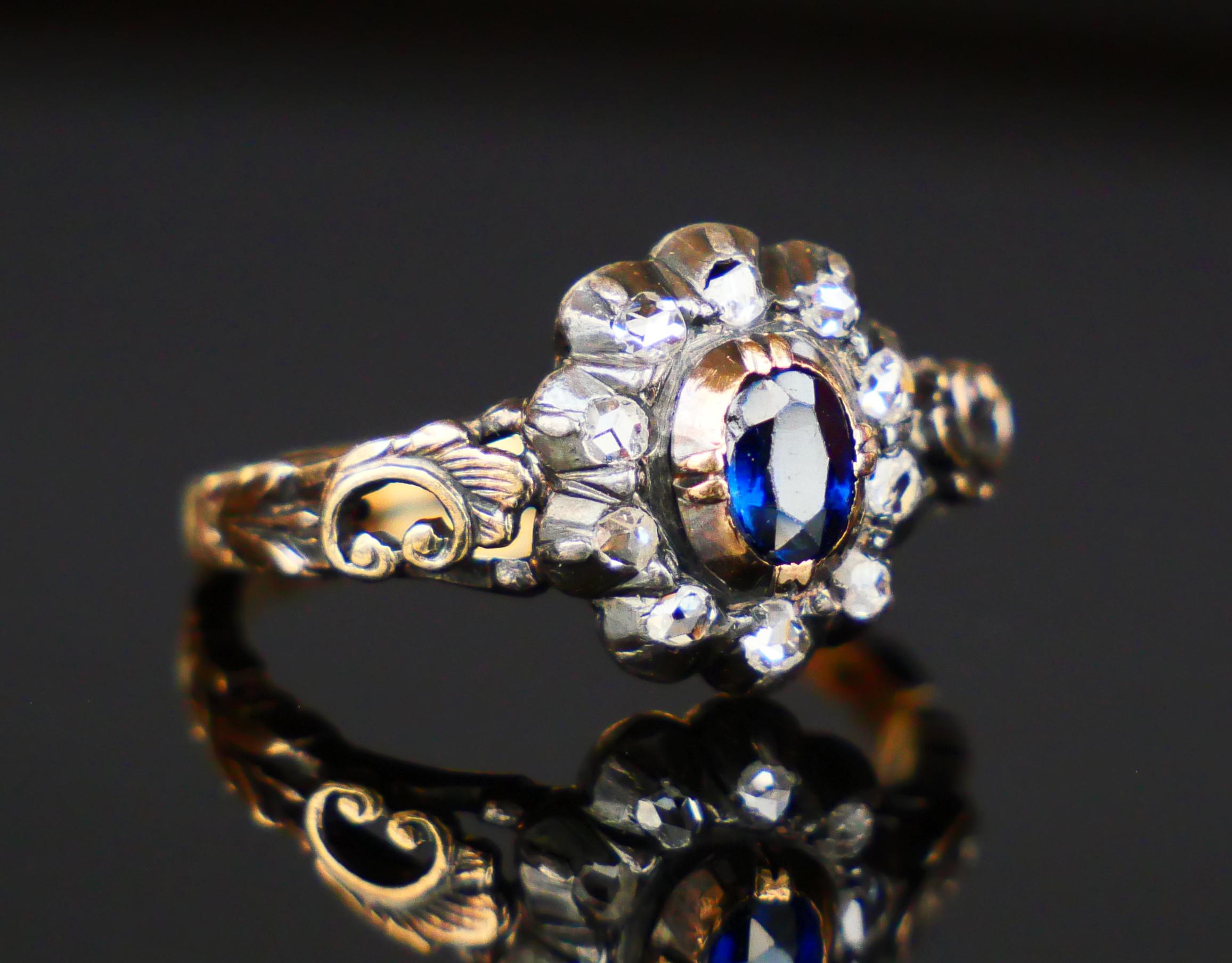 1929 Nordic Halo Ring 0.5ct Sapphire Diamonds solid 18K Gold Silver Ø6US/3.7gr For Sale 5