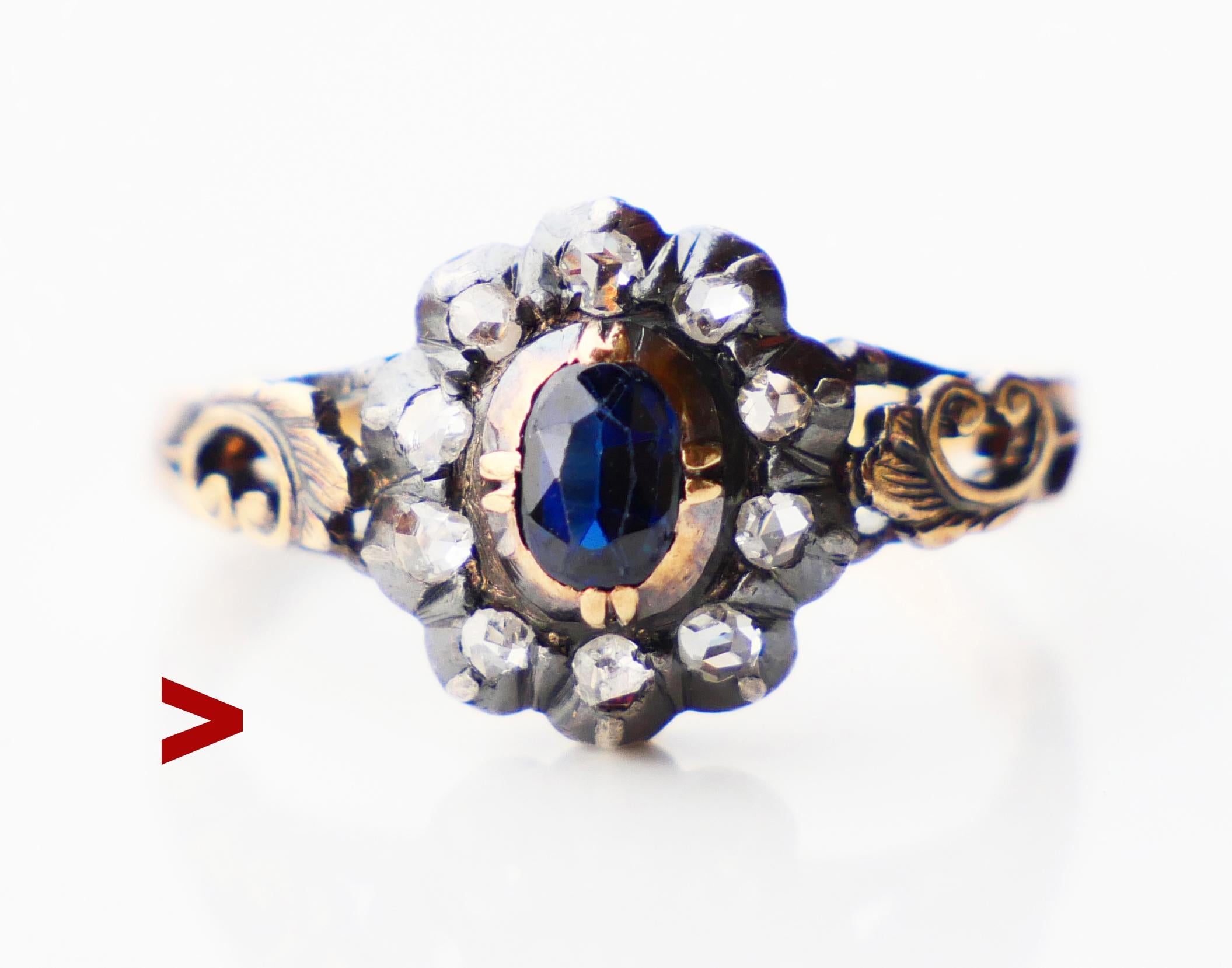 Halo-Ring mit Silberkrone auf 18K Rose Gold glattem Band mit natürlichem hellblauem Saphir akzentuiert mit Diamanten im Rosenschliff.

Made in Sweden Band gestempelt 18K , Herstellerpunzen.
Die Datums-Kombination ist F7 / handgemacht im Jahr