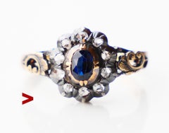 1929 Halo Ring natural 0.5ct Sapphire Diamonds solid 18K Gold Silver Ø6US/3.7gr