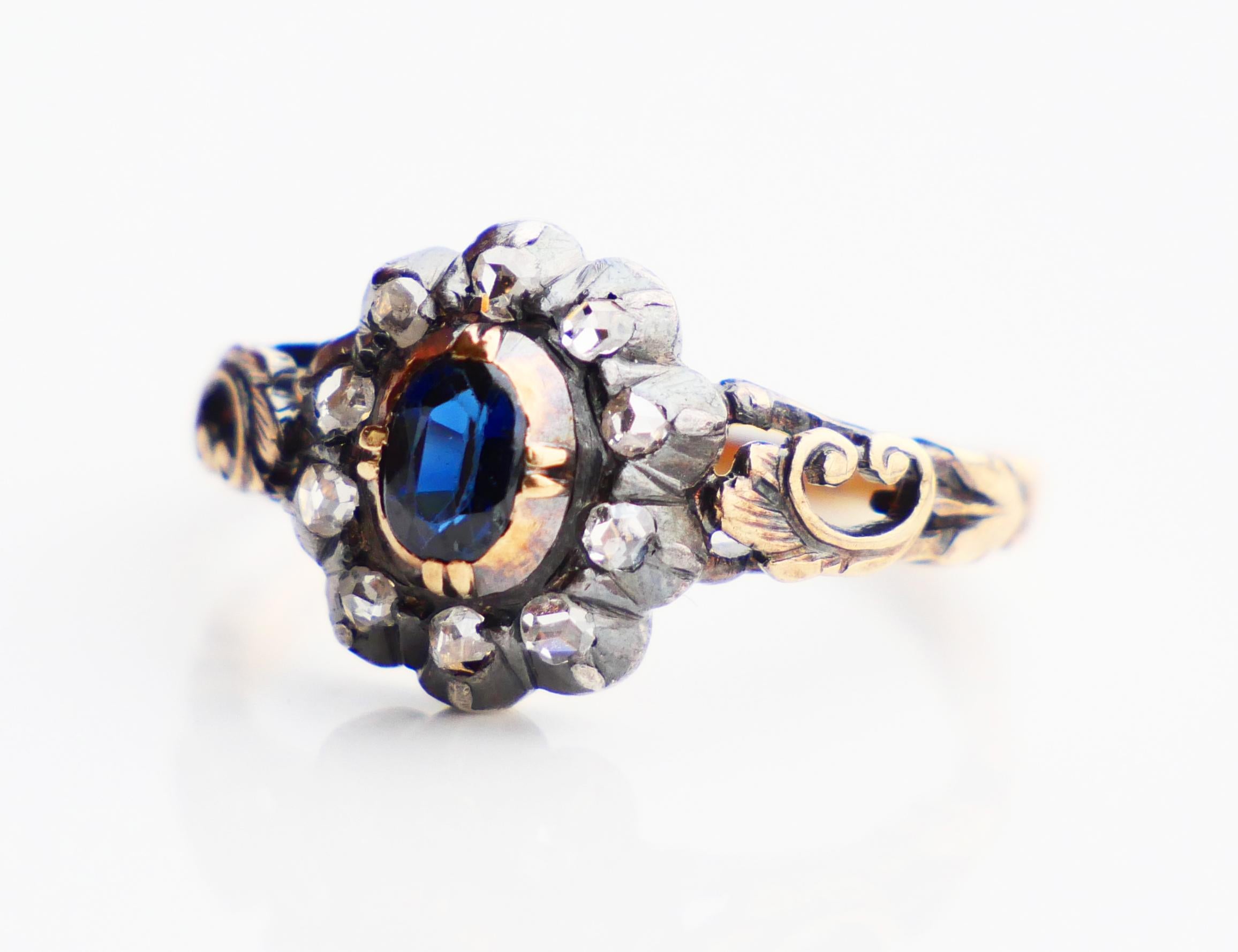 Art Deco 1929 Nordic Halo Ring 0.5ct Sapphire Diamonds solid 18K Gold Silver Ø6US/3.7gr For Sale